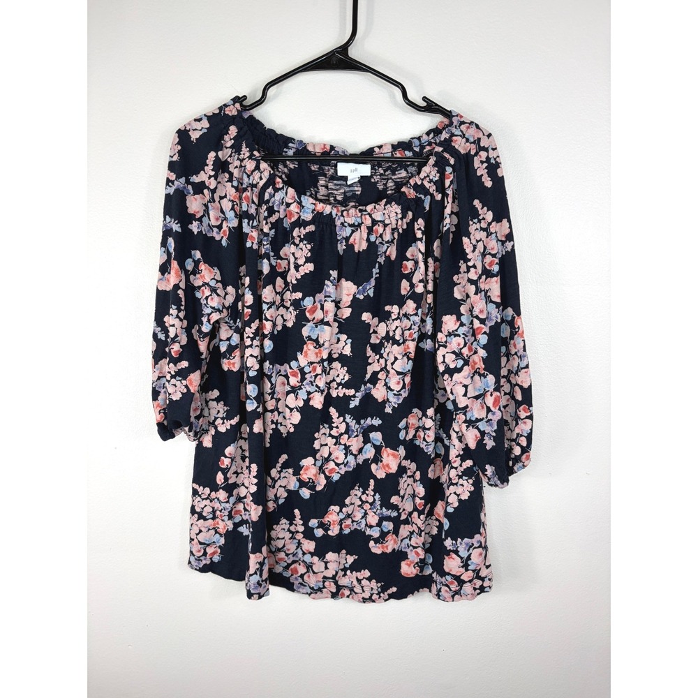 J. Jill 3/4 Sleeve Floral Blouse Black Pink Women's Size XL Whimsygoth Casual